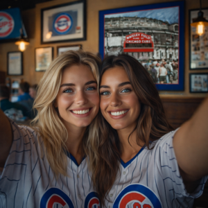 Cubs fans enjoying a selfie together at sports bar
