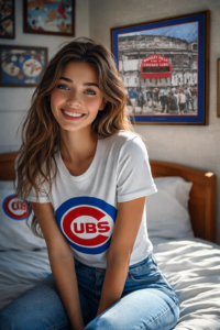 Smiling fan in Cubs Poster room